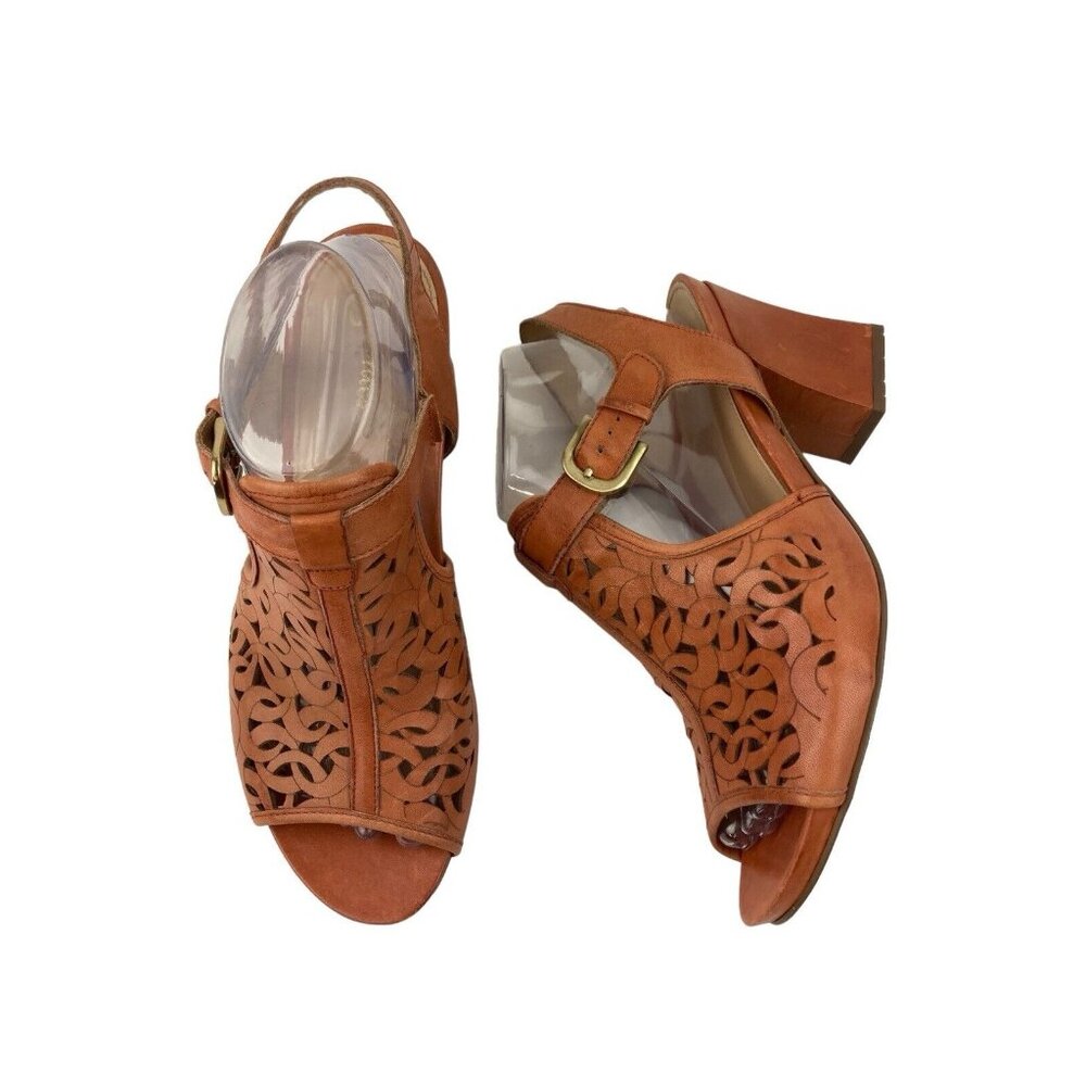 -Earthies Acadia Henna Sandals Womens 9.5 Orange Comfort Laser Cut Heeled Shoe
